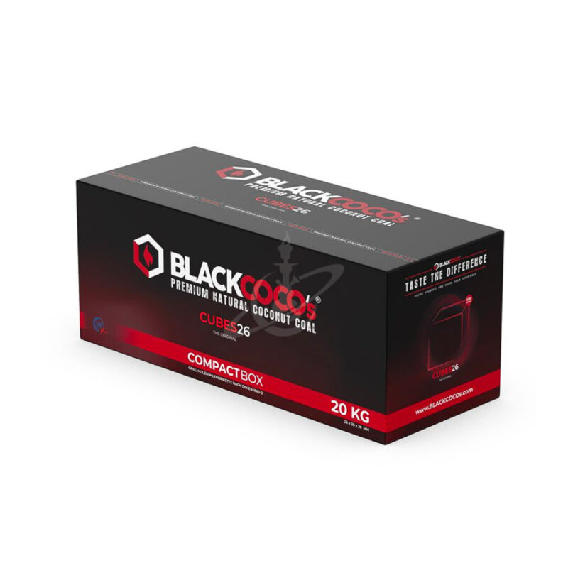 Pack 20kg carbones naturales Black Coco Cubes 26mm premium para cachimba