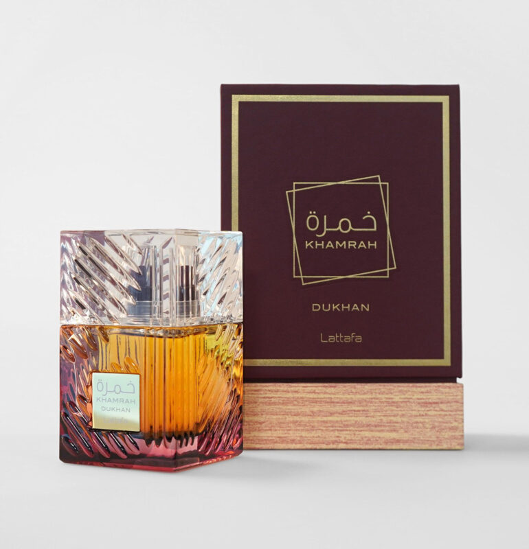 Khamrah Dukhan Lattafa 100ml - Perfume árabe premium con botella cristal y caja marron