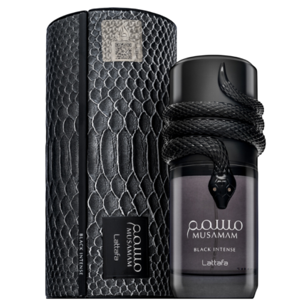 Musamam Black Intense Lattafa 100ml - Perfume árabe con caja negra y frasco oscuro