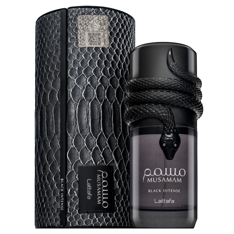 Musamam Black Intense Lattafa 100ml - Perfume árabe con caja negra y frasco oscuro