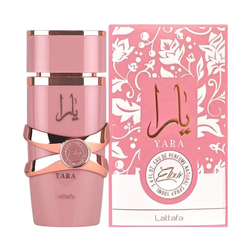 Yara Elixir Lattafa 100ml - Perfume árabe eau de parfum con caja rosa y diseño floral