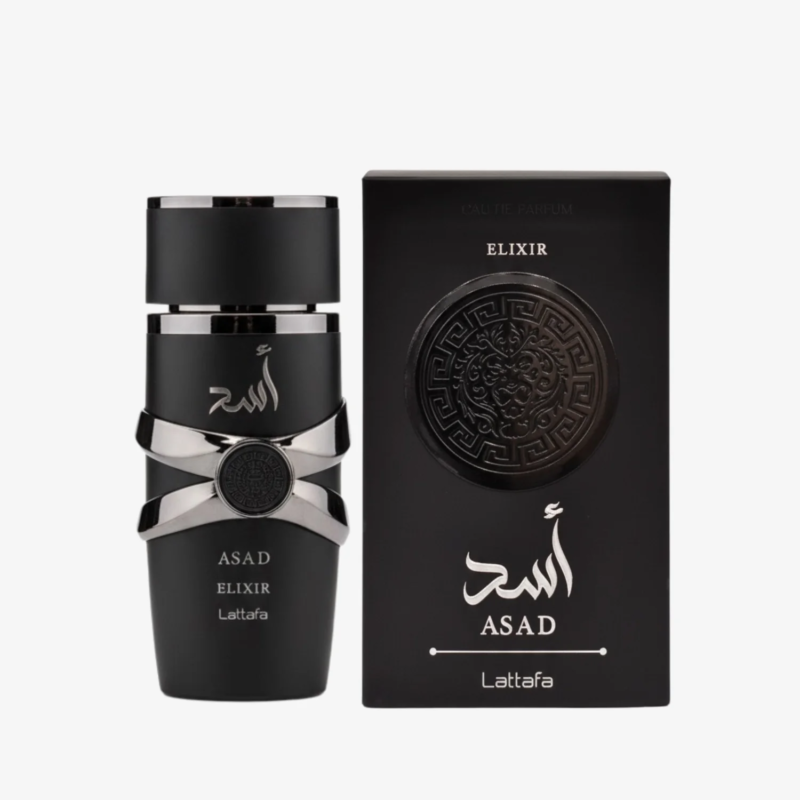Asad Elixir Lattafa 100ml - Perfume árabe de lujo con botella negra y caja
